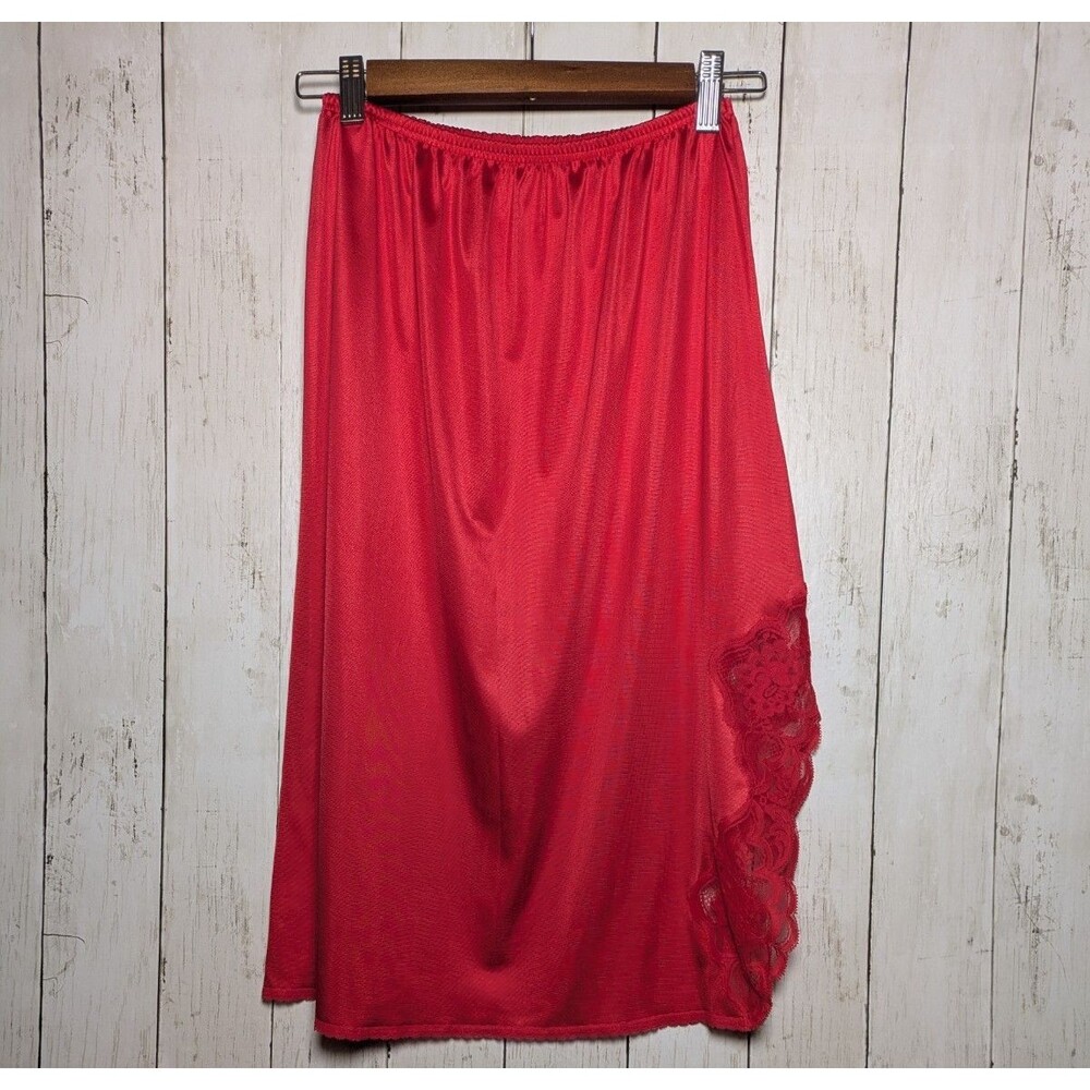 Vintage Red Nylon Lace Slip Skirt Size S USA Made DuPont Antron 70s 80s Lingerie